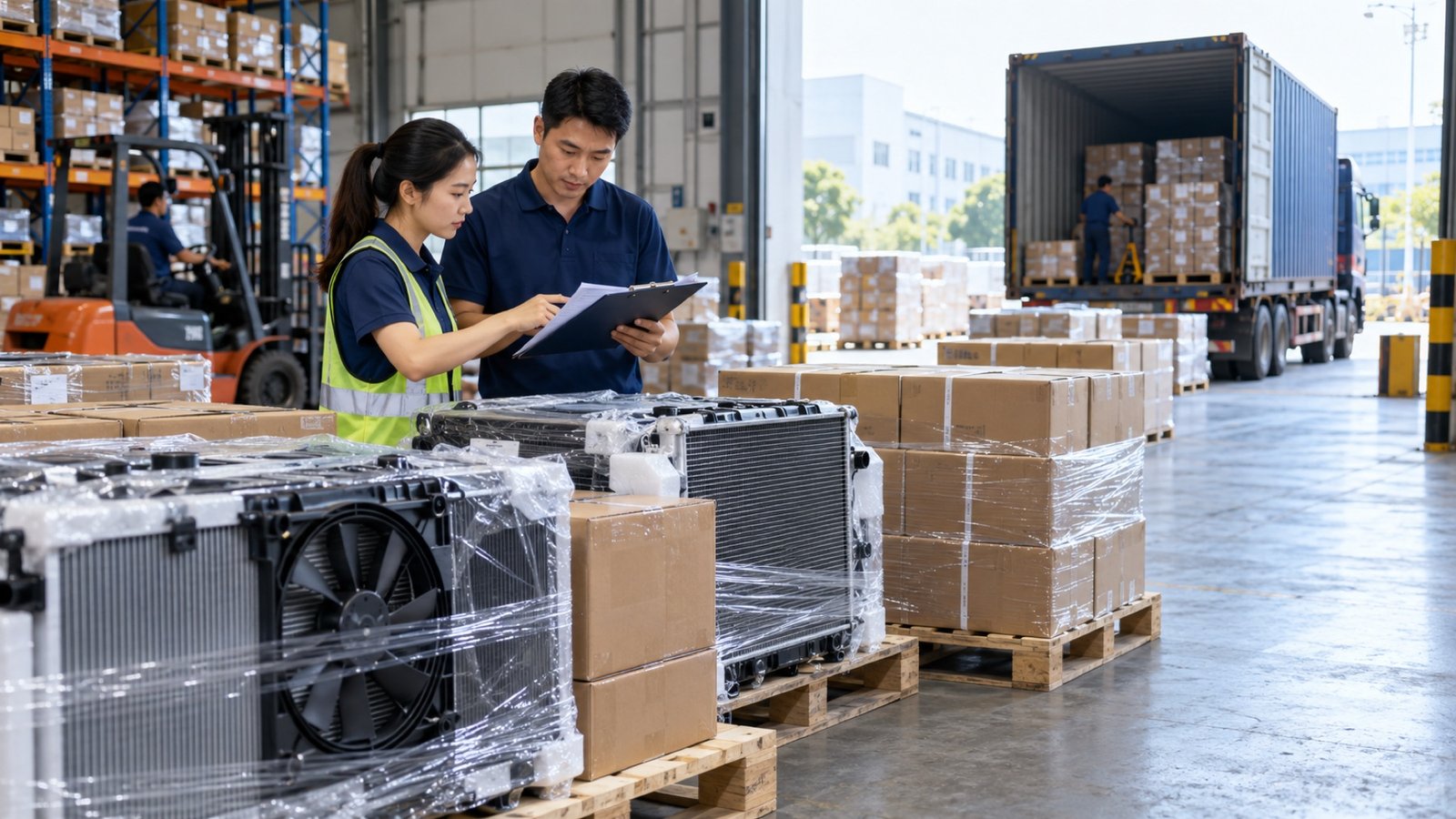 Automotive cooling parts prepared for export dispatch