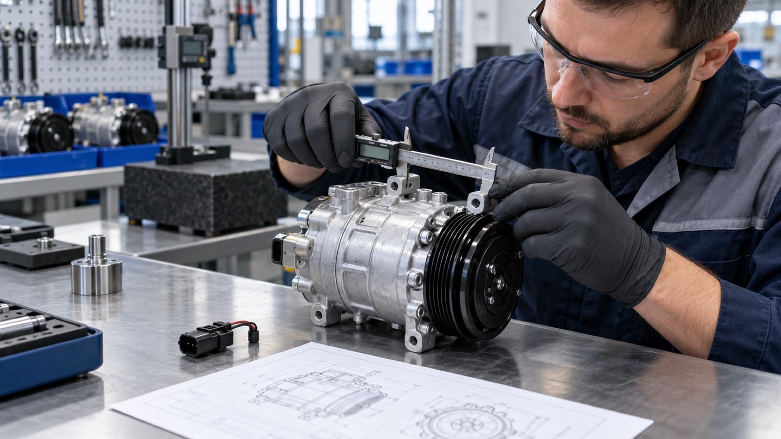 Technician inspecting an automotive air conditioning compressor